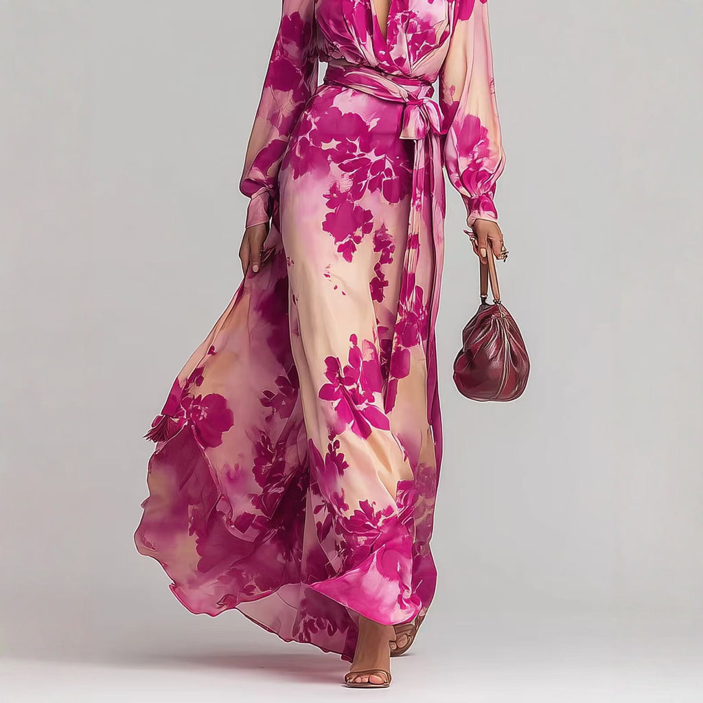 Robe longue en mousseline imprimée à manches longues et col en V avec liens, élégante et chic, nouvelle collection printemps