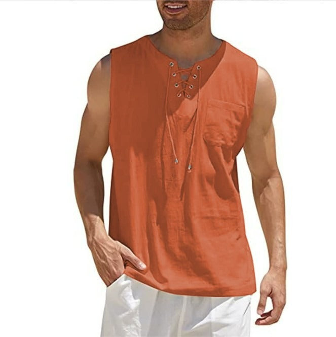 Nouveau débardeur pour homme, chemise en dentelle, mode unie en coton et chanvre, t-shirt à manches courtes