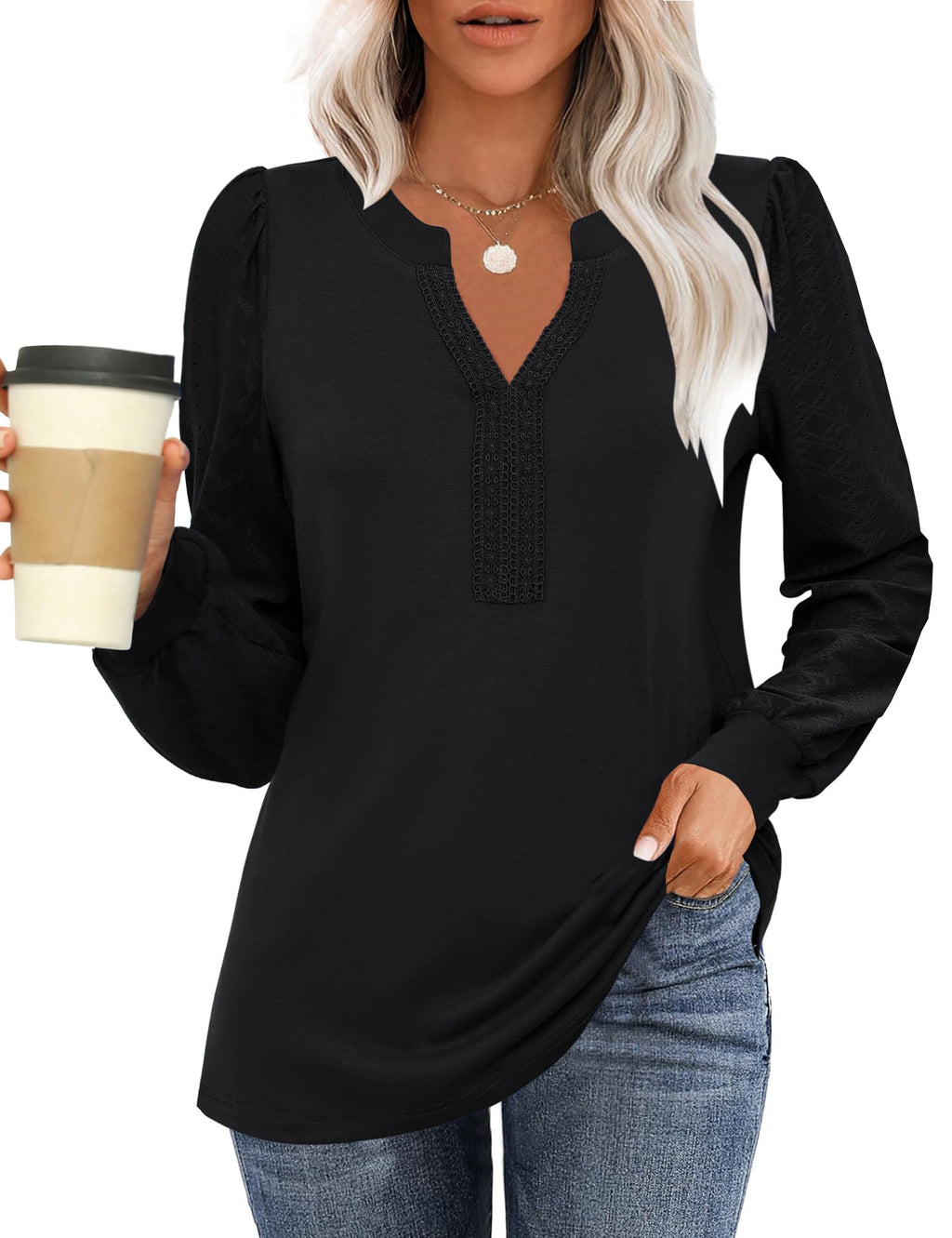 AKEWEI Womens Dressy Casual V-Neck T-Shirts Eyelet Puff Long Sleeve Tops Tunic Loose Fit Blouses with Leggings (Black M)