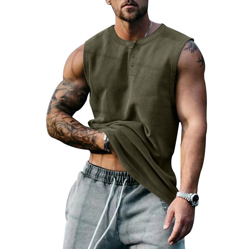 Débardeur de basket-ball de sport d'été pour homme, col rond, boutonné, sans manches, T-shirt pour homme, coupe droite