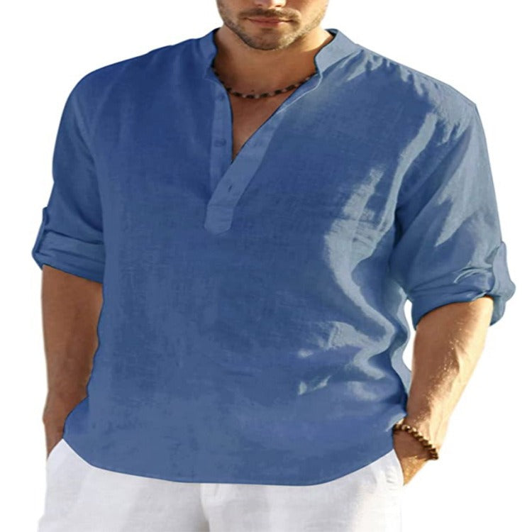 T-shirt en lin pour homme, manches longues, coupe ample, couleur unie, coton et lin, grande taille