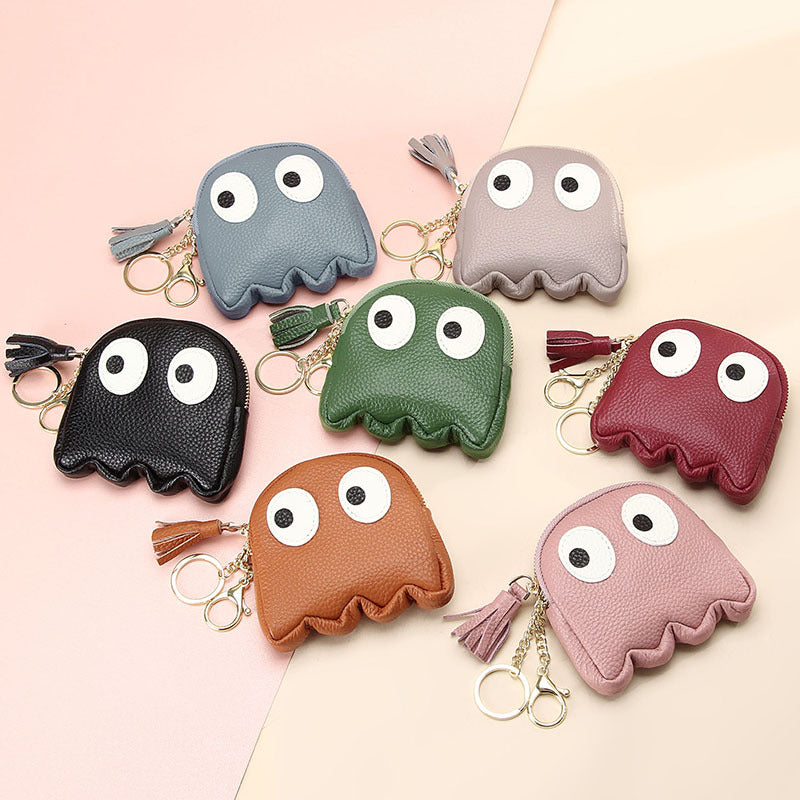 Mini porte-monnaie créatif en cuir avec fermeture éclair et motif dessin animé, porte-clés Ins mignon, étui rigide en cuir véritable pour femmes