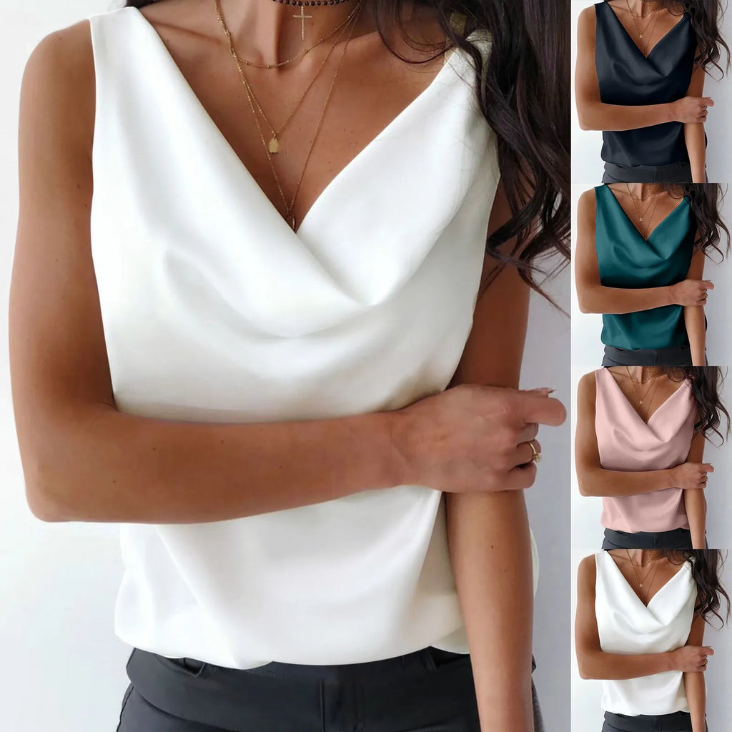 T-shirts pour femmes grandes tailles d'été débardeurs en satin de soie pour femmes, chemisiers décontractés sans manches à col bénitier, Roupas Femininas