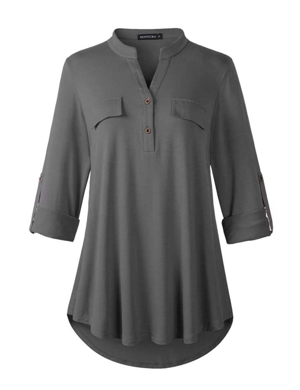 Plus Size :MONNURO Women's Plus Size Shirts 3/4 Sleeve Plaid Tops Button Down Blouses Dressy Casual Tunic(DeepGray2X)