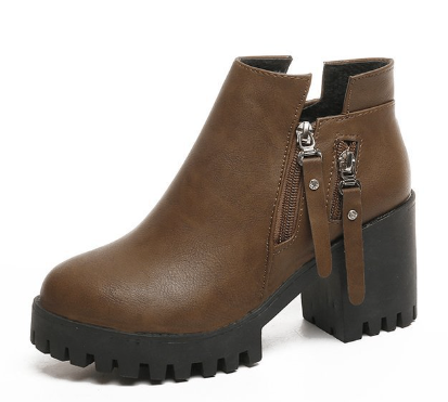 Chunky Heel Round Toe Side Zip Ankle Boots