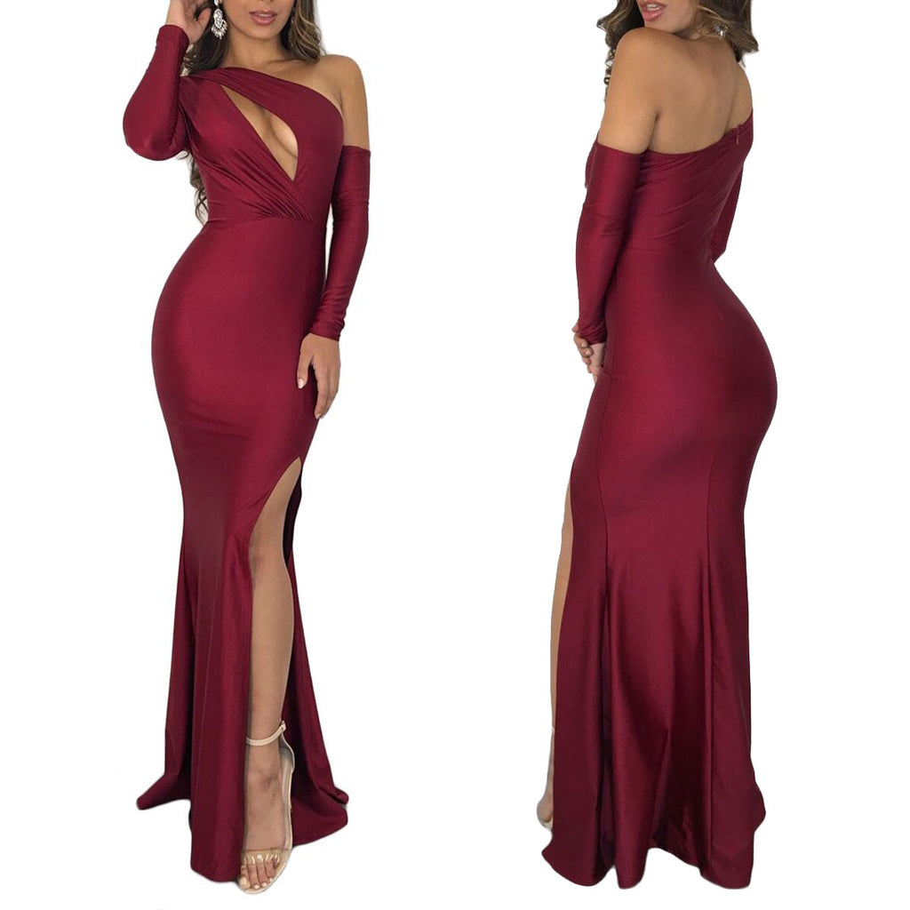 Sexy One-Shoulder Dress with Slit and Hollow Design