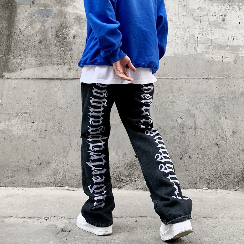 Gothic Embroidered Micro Flare Men's Jeans (Hip-Hop Style)