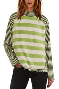 Panadila Womens Color Block Striped Shirts Raglan Long Sleeve Shirt Turtleneck Tunic Tops Fall Loose Pullover Top(Green White ComboM)