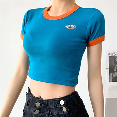 American Vintage Style Small Label Short Sleeve Womens Fashion New High Round Neck Leaky Umbilical T Shirt Spicy Girl Top