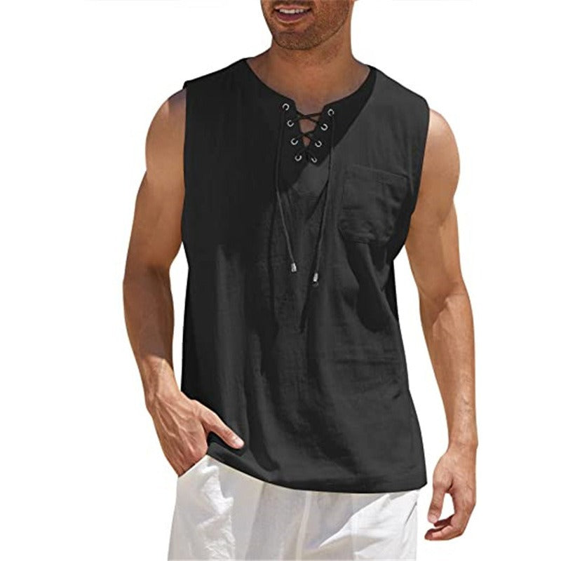 Nouveau débardeur pour homme, chemise en dentelle, mode unie en coton et chanvre, t-shirt à manches courtes