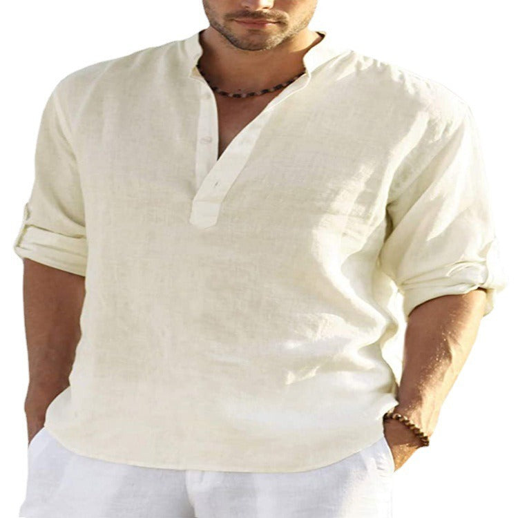 T-shirt en lin pour homme, manches longues, coupe ample, couleur unie, coton et lin, grande taille