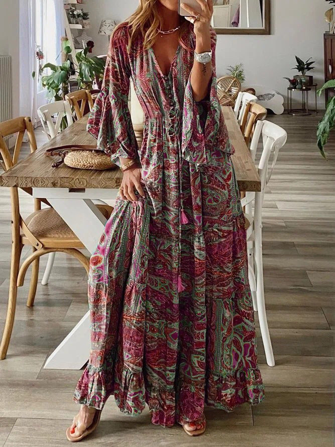 2023 Bohemian Floral Print Maxi Dress with V-Neck