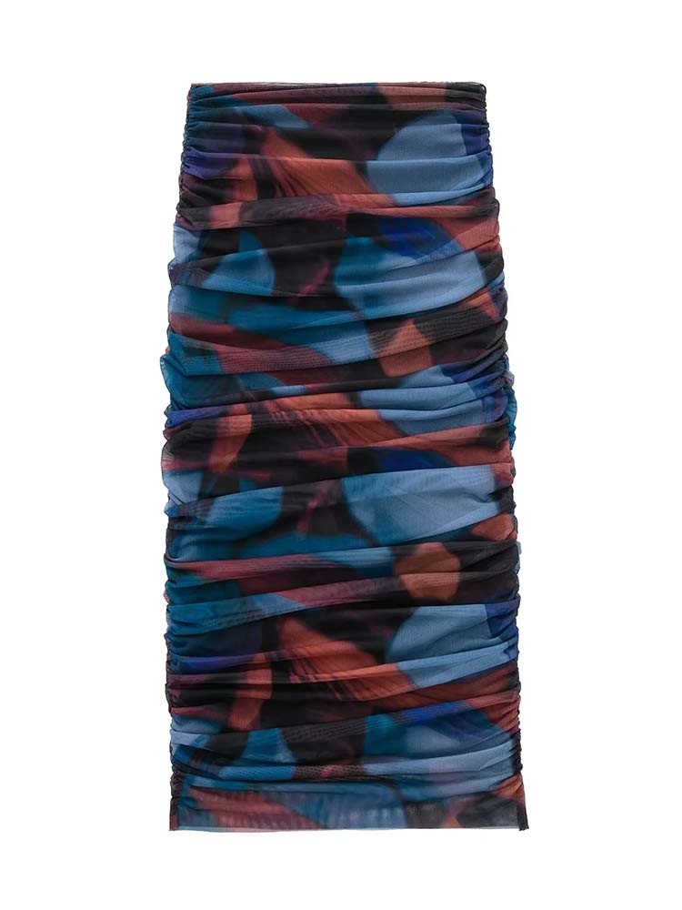 Ensembles 2 pièces pour femme - Blouse en soie et résille imprimée + jupe mi-longue plissée taille haute - Tenues pour femme