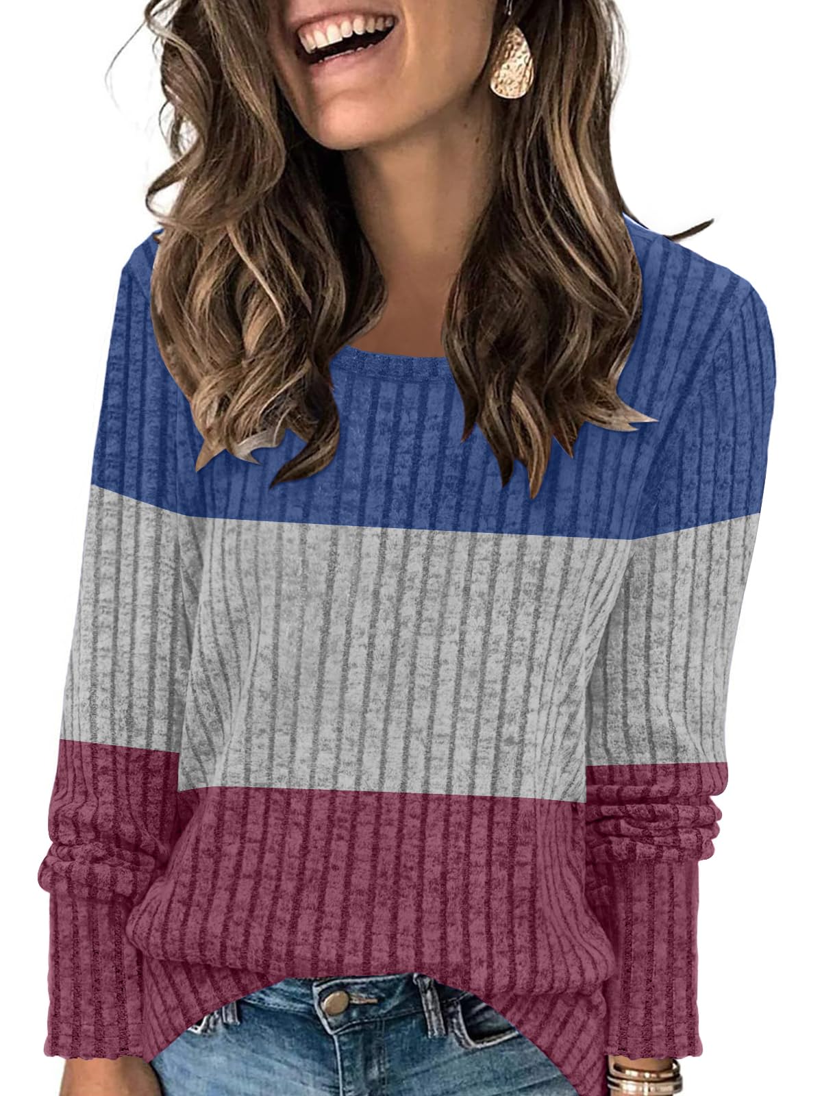 Plus Size : Leafsay Womens Color Block Tops Striped Lightweight Sweaters Long Sleeve Crewneck Shirts Casual Loose Fit Tunic(Blue-Gray-RedL)