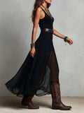 Nouvelle Robe Longue Noire d'Été à Bretelles pour Femme, Robe en Maille avec Ceinture