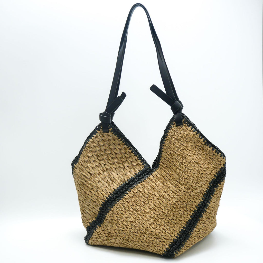 Sac de plage élégant en paille tressée à rayures, avec garniture noire, grande capacité