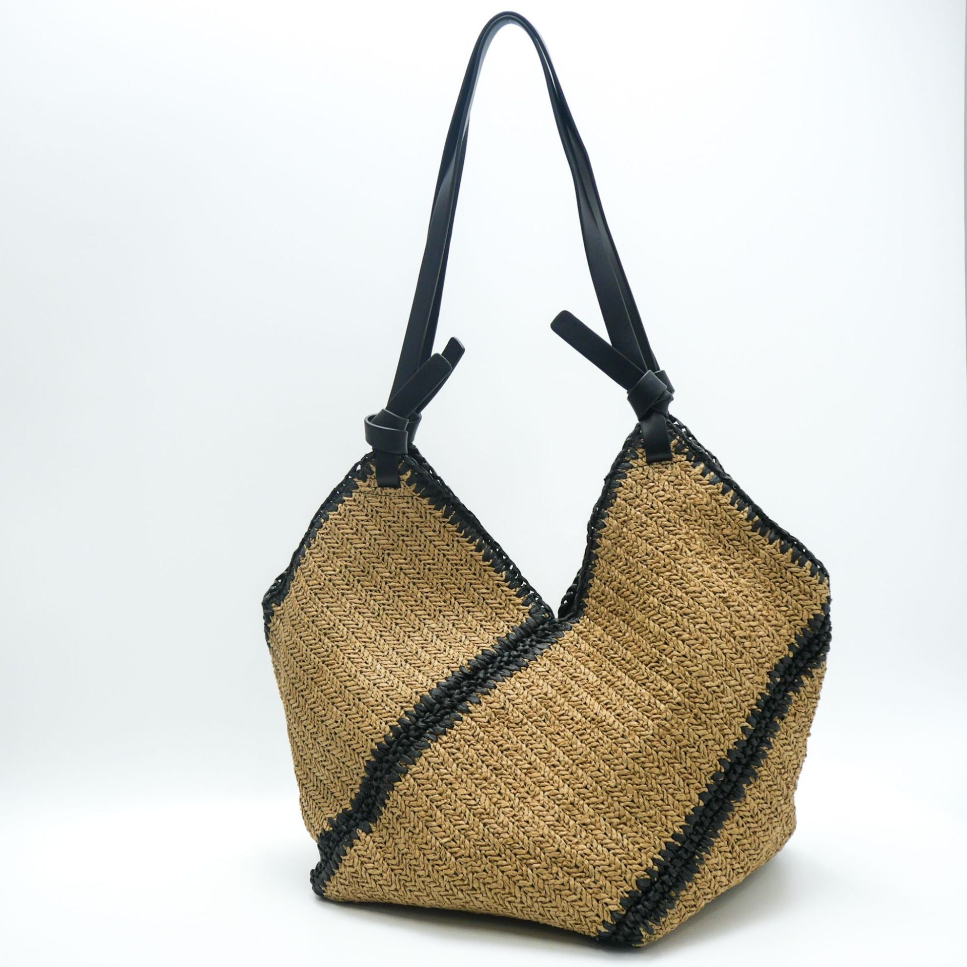 Sac de plage élégant en paille tressée à rayures, avec garniture noire, grande capacité