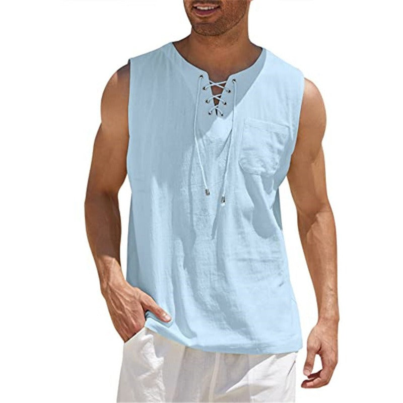 Nouveau débardeur pour homme, chemise en dentelle, mode unie en coton et chanvre, t-shirt à manches courtes