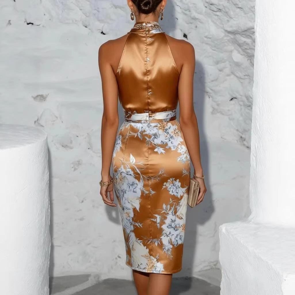 Robe de soirée élégante en mousseline imprimée à col américain