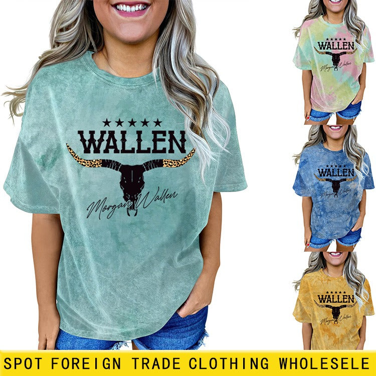 T-shirt fantaisie décontracté à col rond et manches courtes pour femmes, style européen et américain