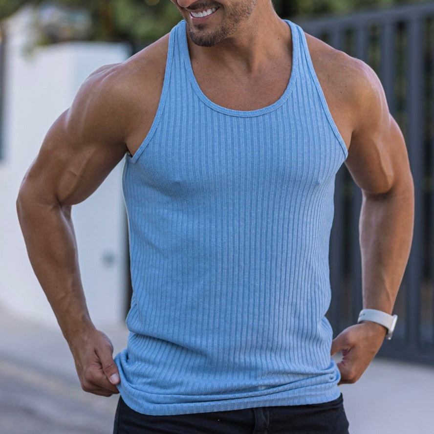 Débardeur Homme Tricoté à Rayures Verticales Coupe Slim Sport Loisirs Été Dos Nageur