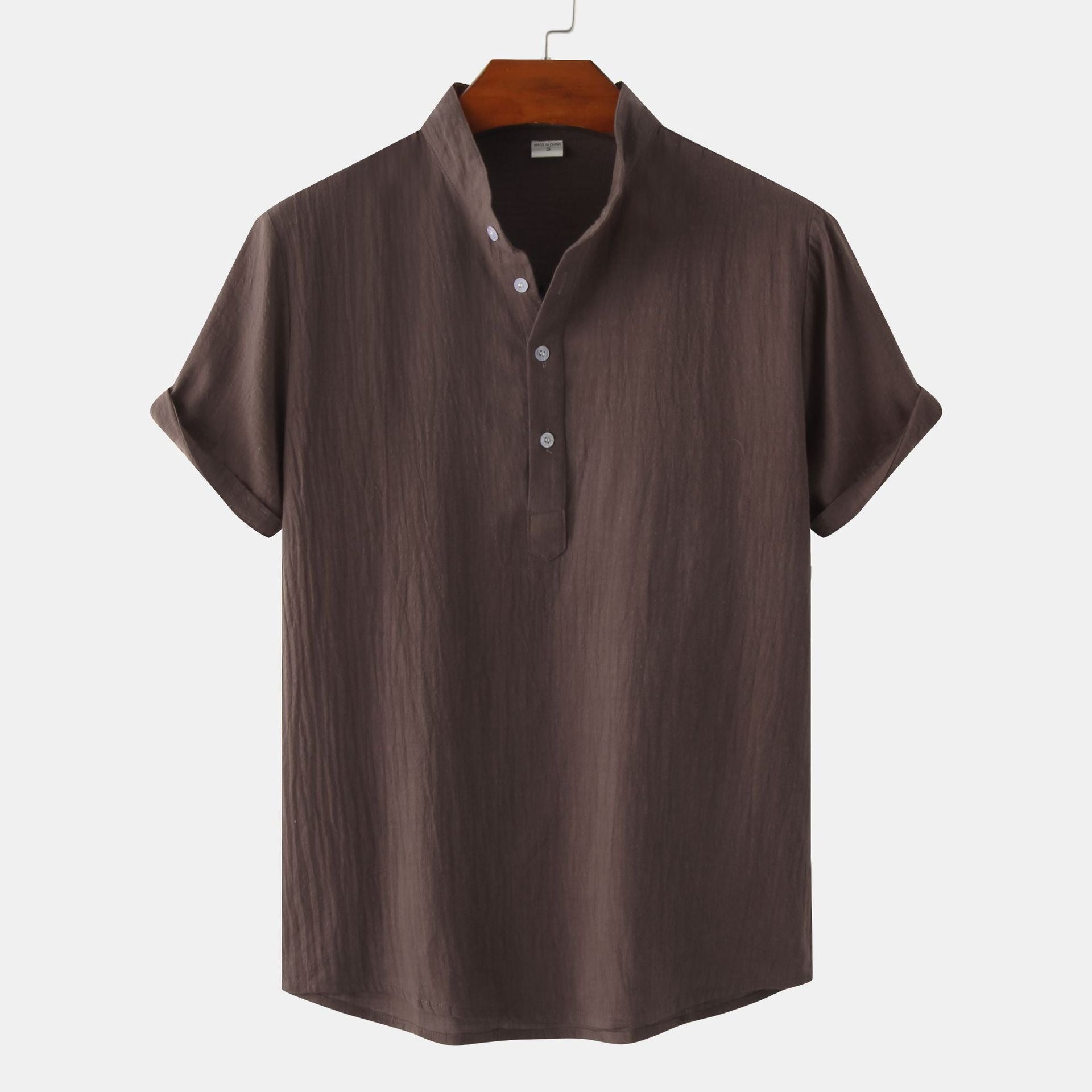 Chemise décontractée à col montant et manches courtes en coton et lin pour homme, T-shirt de plage, Vêtements pour hommes