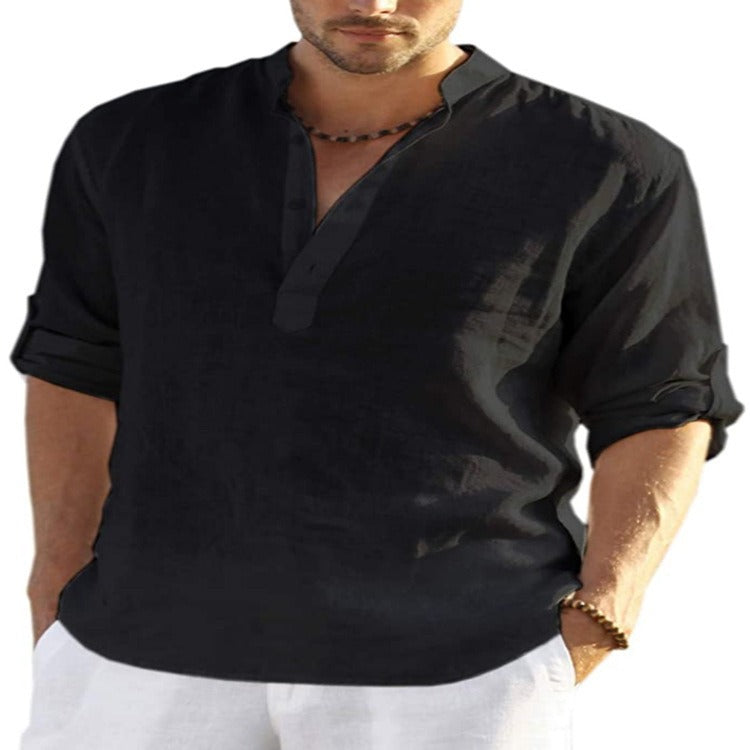 T-shirt en lin pour homme, manches longues, coupe ample, couleur unie, coton et lin, grande taille