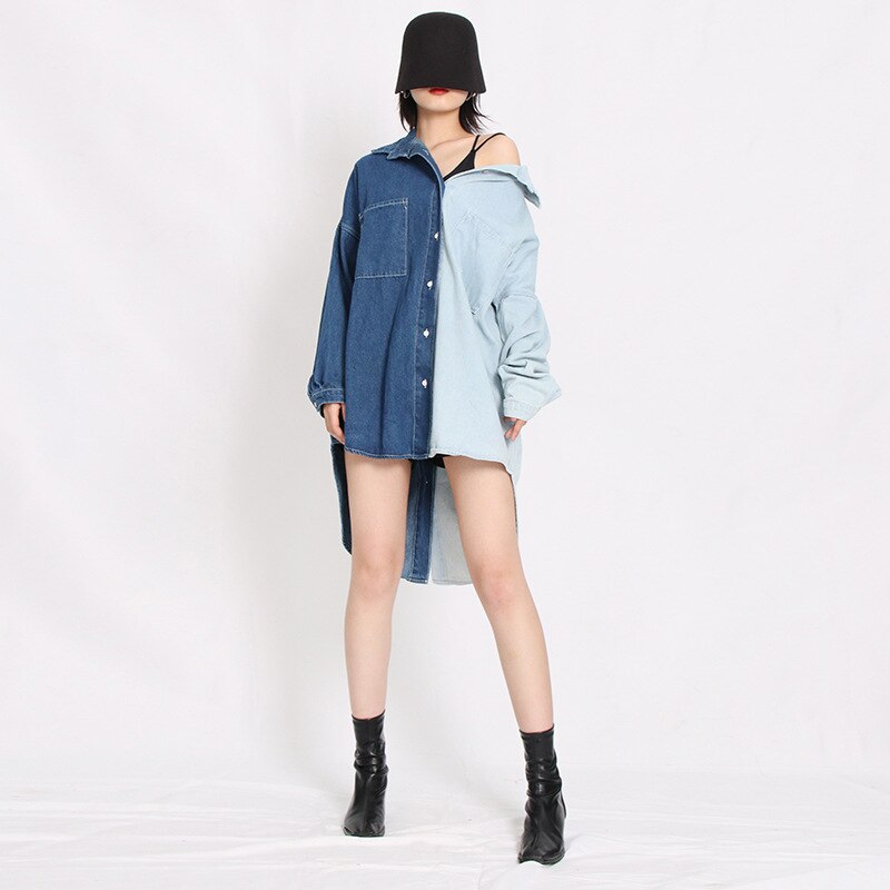 Chemise à col rabattu SuperAen Automne Nouvelle Mode Contrastée Patchwork Jeans Entiers Hauts Femme