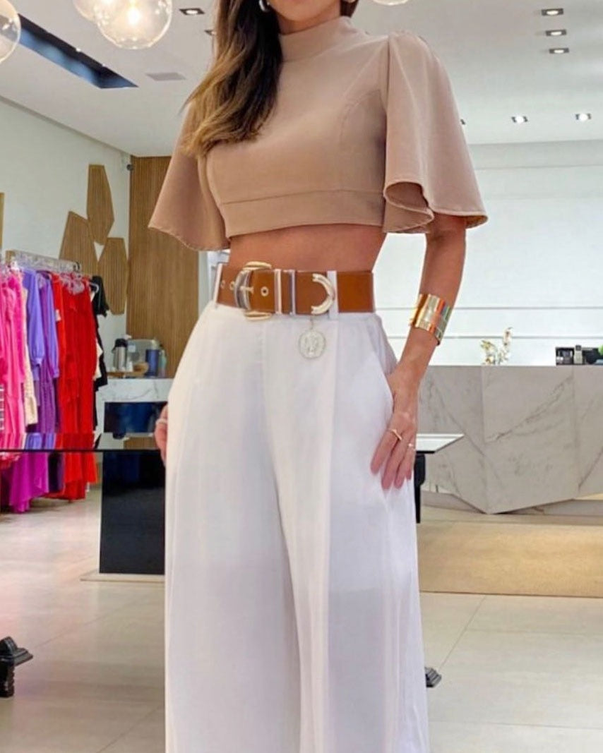 Ensemble décontracté d'été pour femme avec haut à col montant, manches évasées, dos nu croisé et pantalon ample à jambes larges