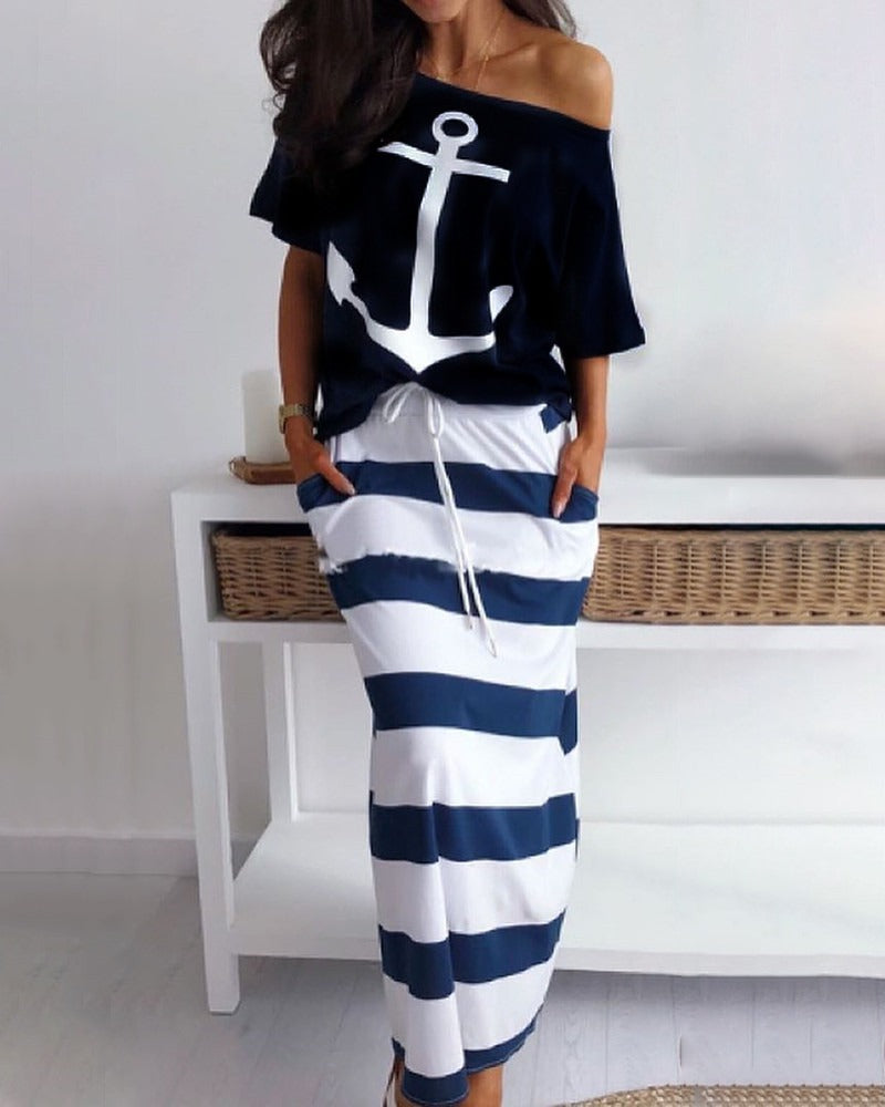 Nouvel ensemble décontracté pour femmes style marine européenne et américaine, imprimé ancre de bateau, ensemble short et manches courtes pour femmes