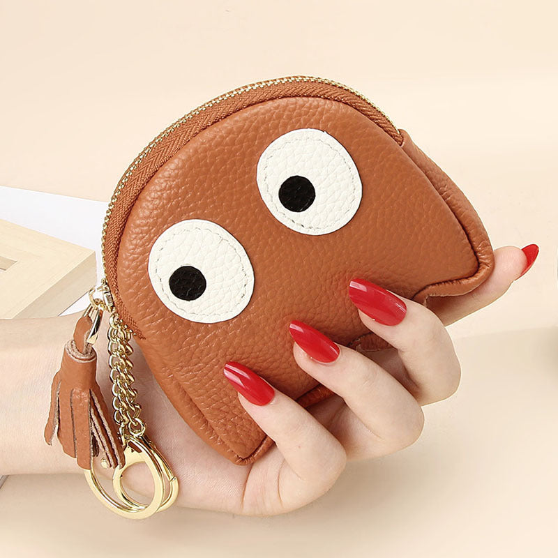 Mini porte-monnaie créatif en cuir avec fermeture éclair et motif dessin animé, porte-clés Ins mignon, étui rigide en cuir véritable pour femmes