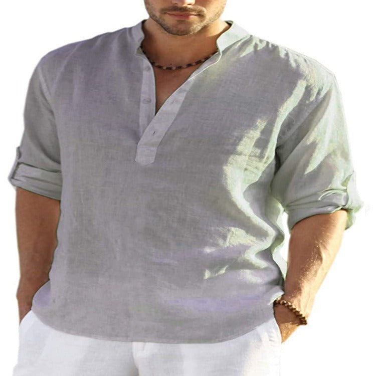 T-shirt en lin pour homme, manches longues, coupe ample, couleur unie, coton et lin, grande taille