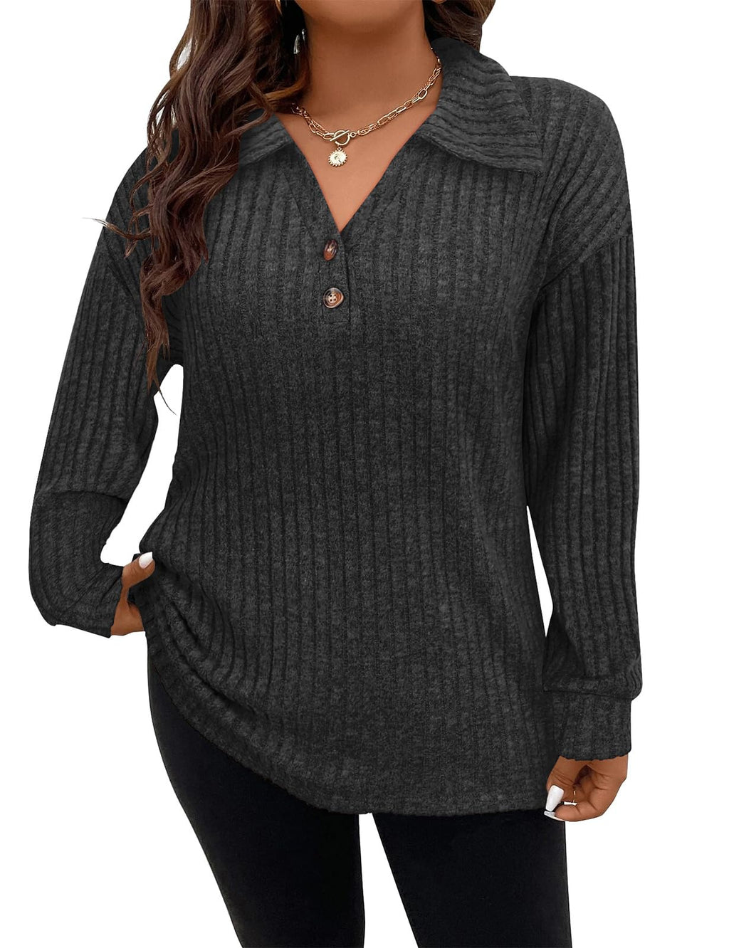 Plus Size : Koscacy Plus Size Womens Tops Fall Clothes Sweater Blouses for Women Dressy Casual Womens Long Sleeve Tops Lightweight Teacher Tunic Sweater Business Casual Button Down Shirts Black 1XL