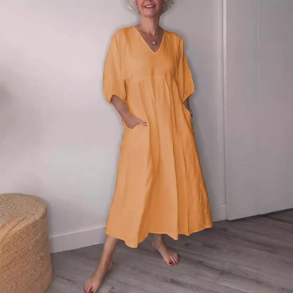Deep V-neck pleated solid color pocket dress