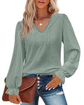 MinciLuxury Women Long Sleeve Blouse V Neck Eyelet Tops Loose Casual Dressy Shirts Tunic Tops Green S