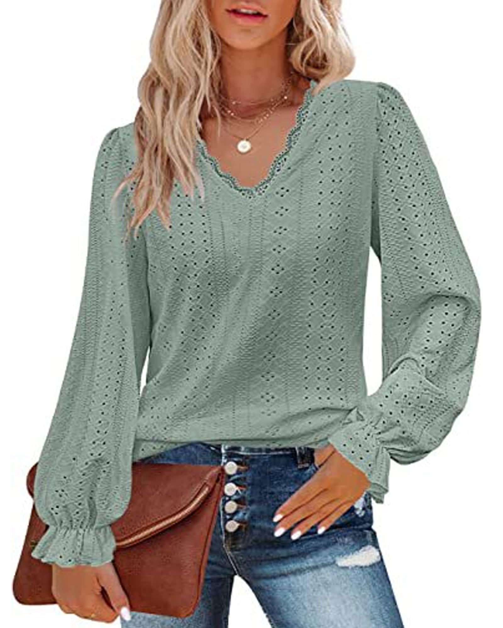 MinciLuxury Women Long Sleeve Blouse V Neck Eyelet Tops Loose Casual Dressy Shirts Tunic Tops Green S