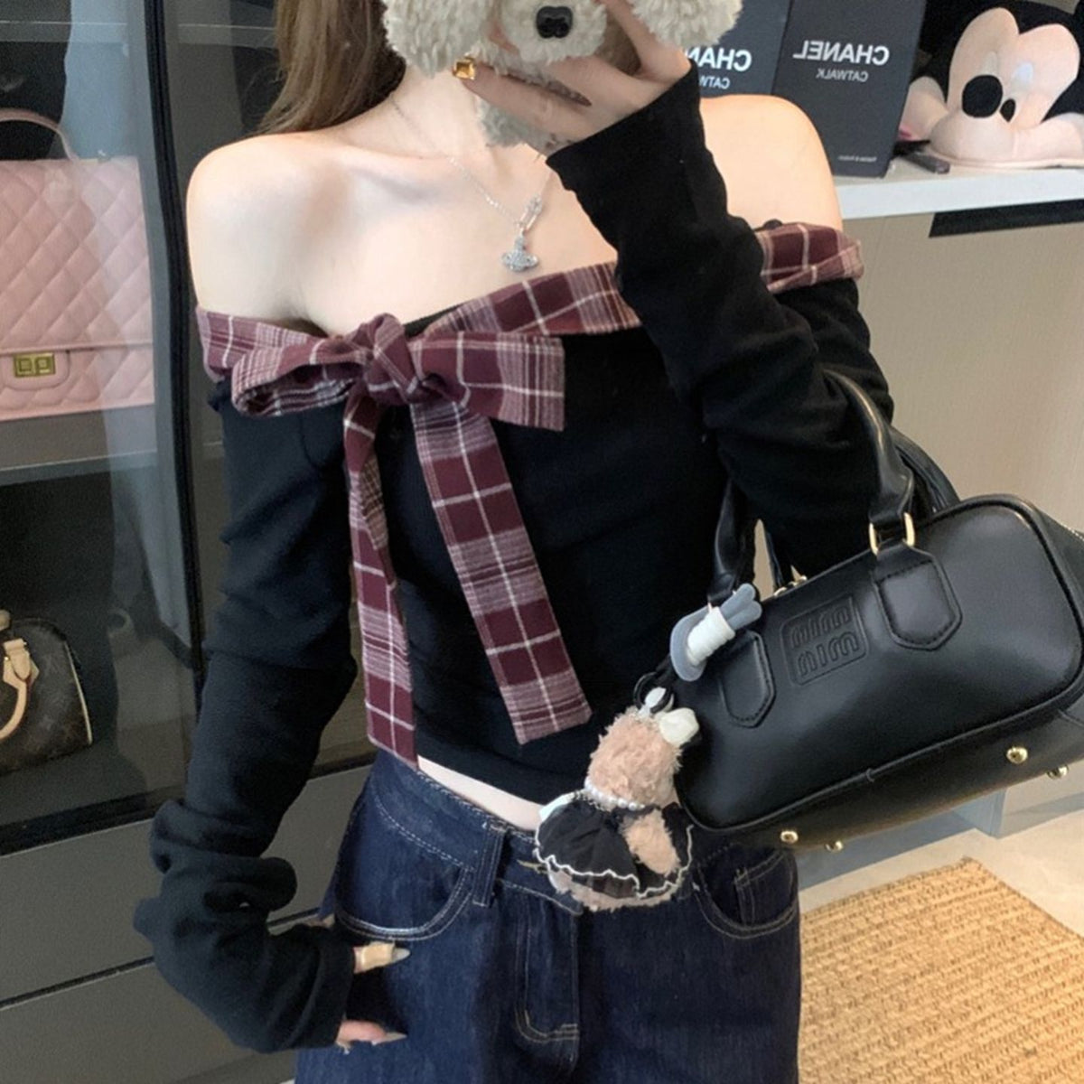 Sweet and Spicy Girl Plaid Patchwork Off-the-Shoulder T-Shirt for Women, Butterfly Knot Slim Fit Long Sleeve Top
