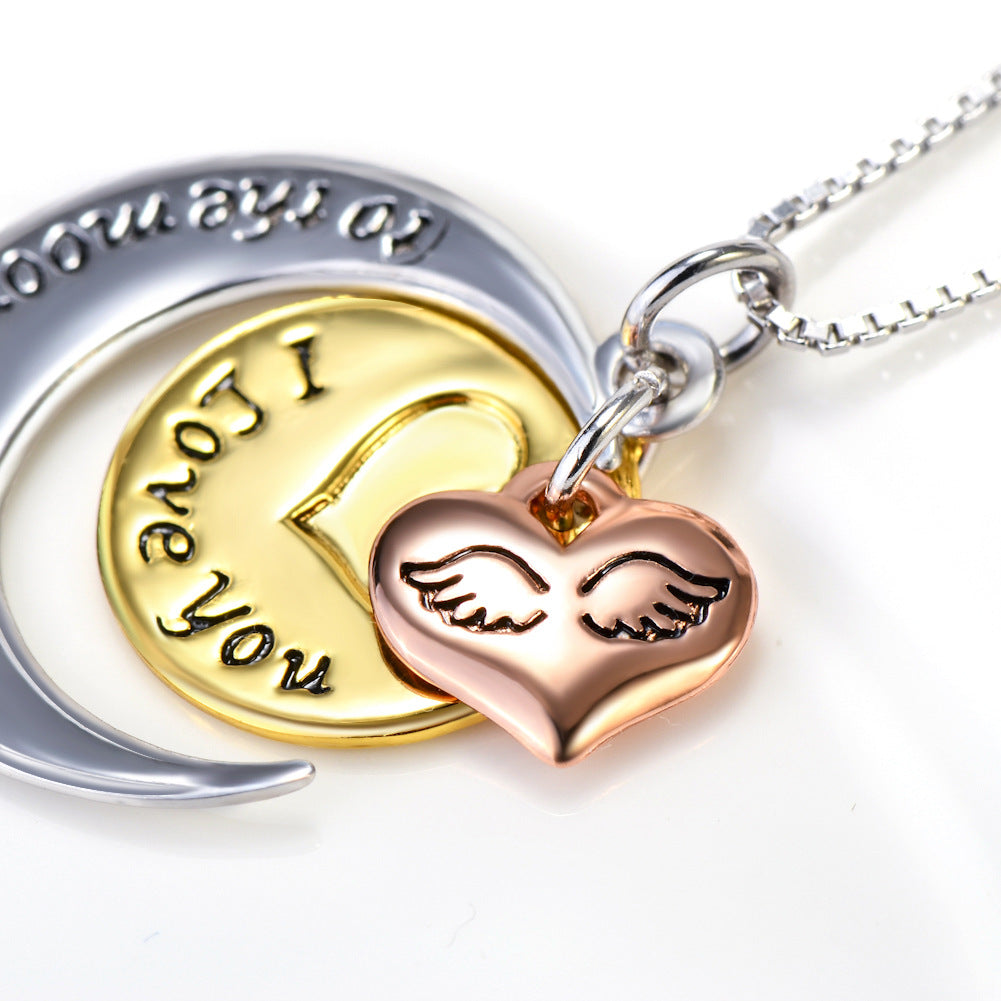 S925 Silver Necklace with Heart Moon Pendant and Engraving