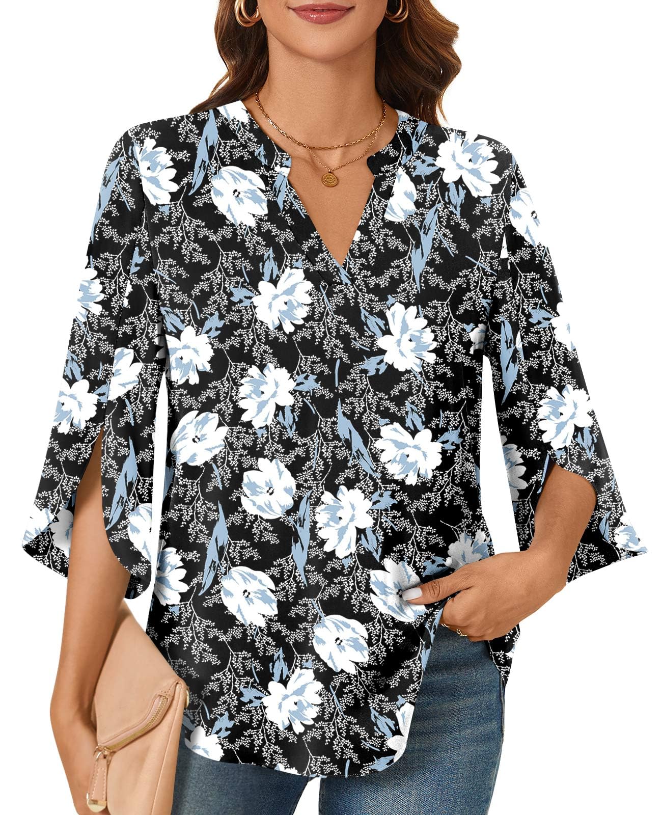 Plus Size : Findsweet Womens 3/4 Sleeve Chiffon Blouses Summer Dressy V Neck Shirts Tops XL White Lily