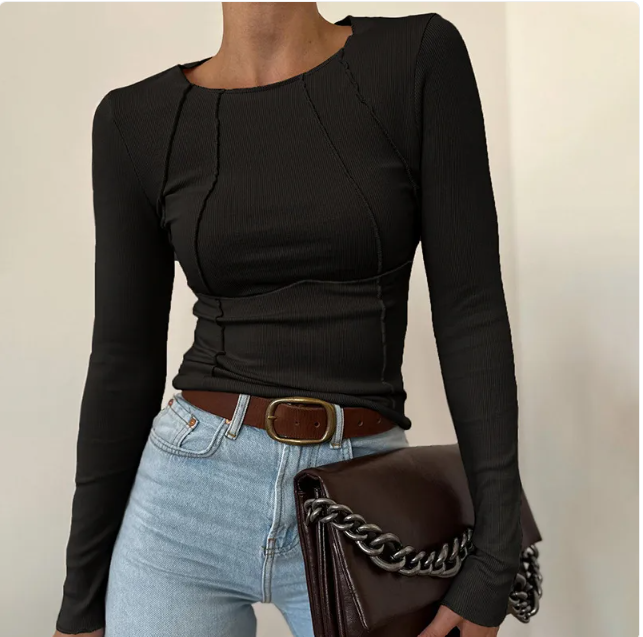 Haut en maille à col montant, fendu et tricoté pour femme, à manches longues et de couleur unie