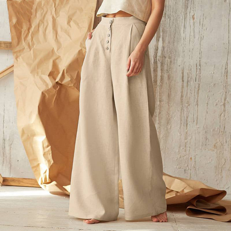 Pantalon ample décontracté large en coton et lin pour femme, pantalon décontracté évasé pour la maison