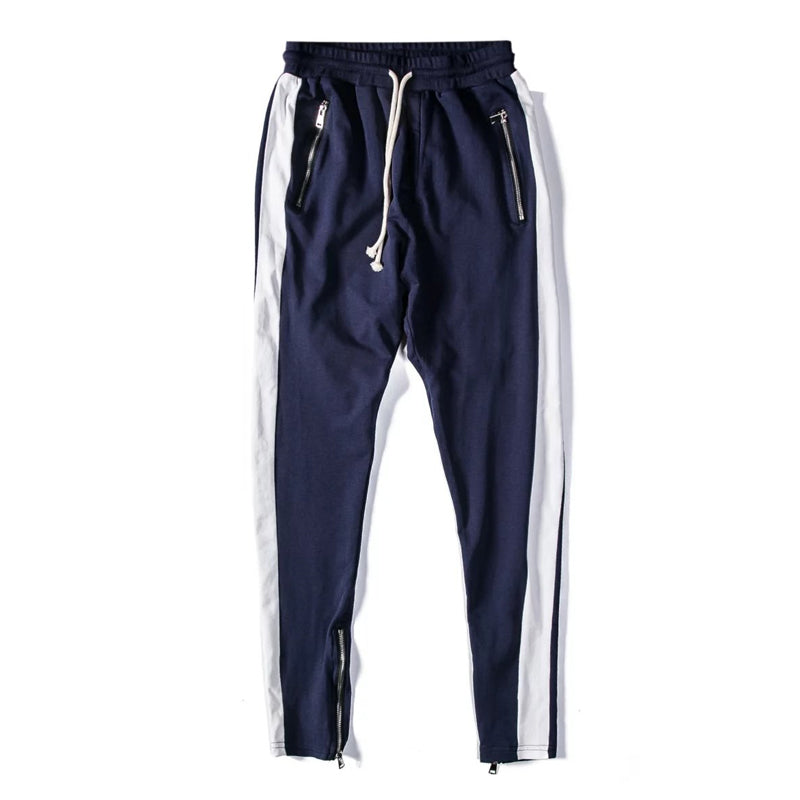 Side Zipper Casual Pants with Stretch Cotton Stripes