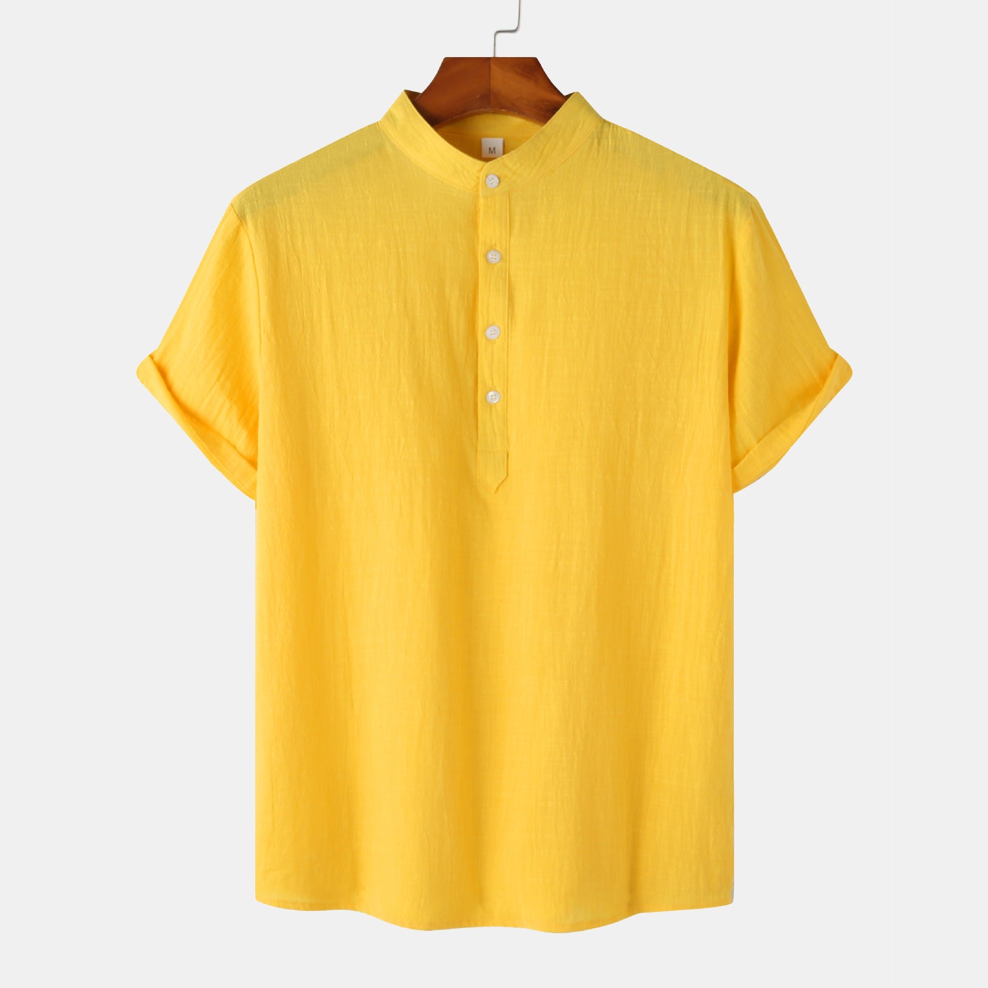 Chemise décontractée à col montant et manches courtes en coton et lin pour homme, T-shirt de plage, Vêtements pour hommes