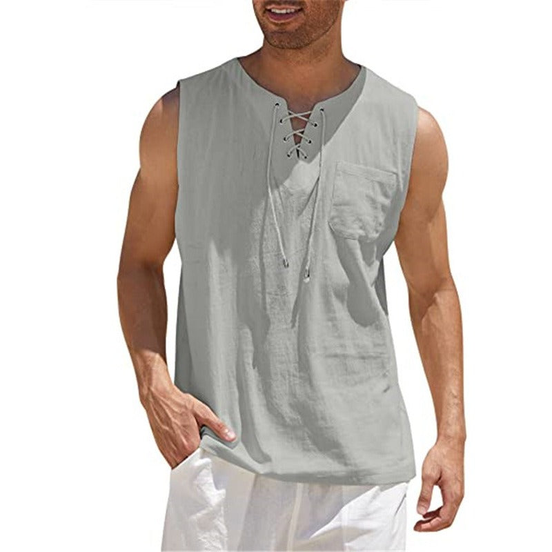 Nouveau débardeur pour homme, chemise en dentelle, mode unie en coton et chanvre, t-shirt à manches courtes