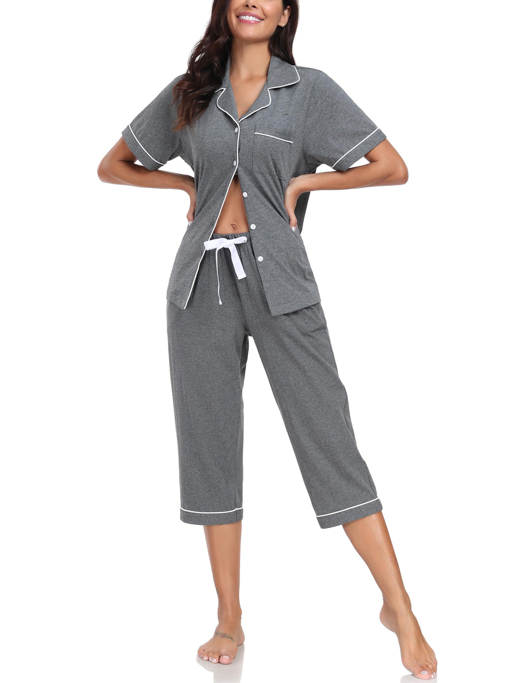 Plus Size : COLORFULLEAF Womens Pajama Sets 100% Cotton Summer Short Sleeve Capri Pajamas for Women Set Button Down Pjs Soft Sleepwear(Deep Grey2XL)