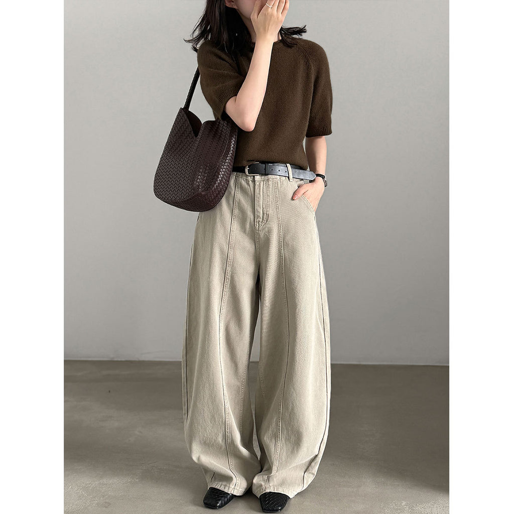 High Waist Wide Leg Split Design Denim Pants with Belt for Women Relaxed Fit Slimming Casual Trousers