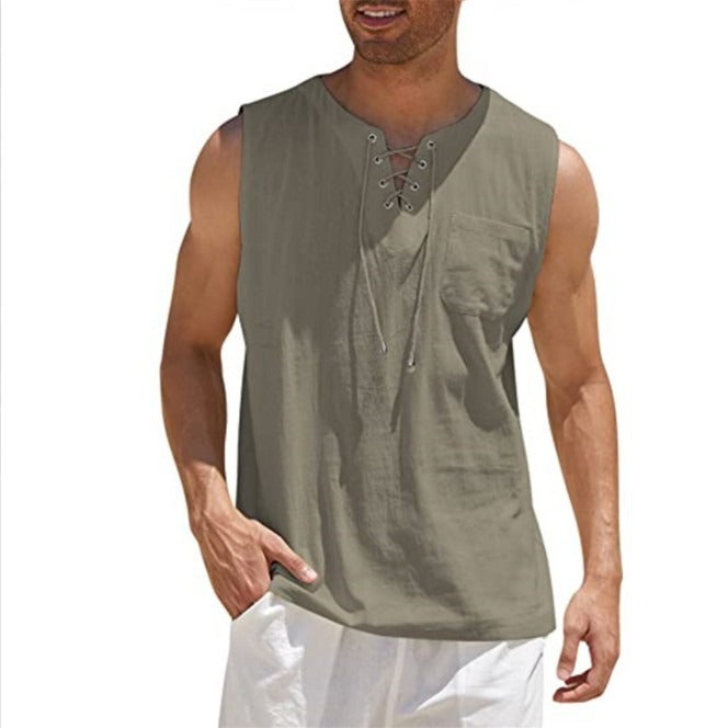 Nouveau débardeur pour homme, chemise en dentelle, mode unie en coton et chanvre, t-shirt à manches courtes