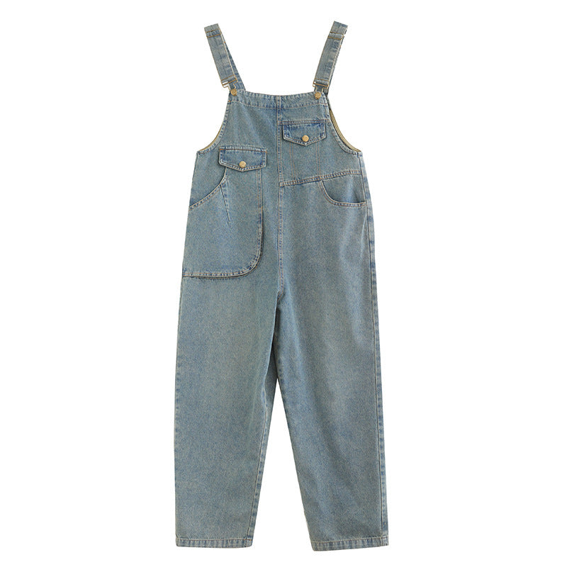 Salopette Jeans Vintage Printemps-Été Femme Ample Jambes Larges Combinaison Rétro en Jean Longue Femme avec Poches Avant