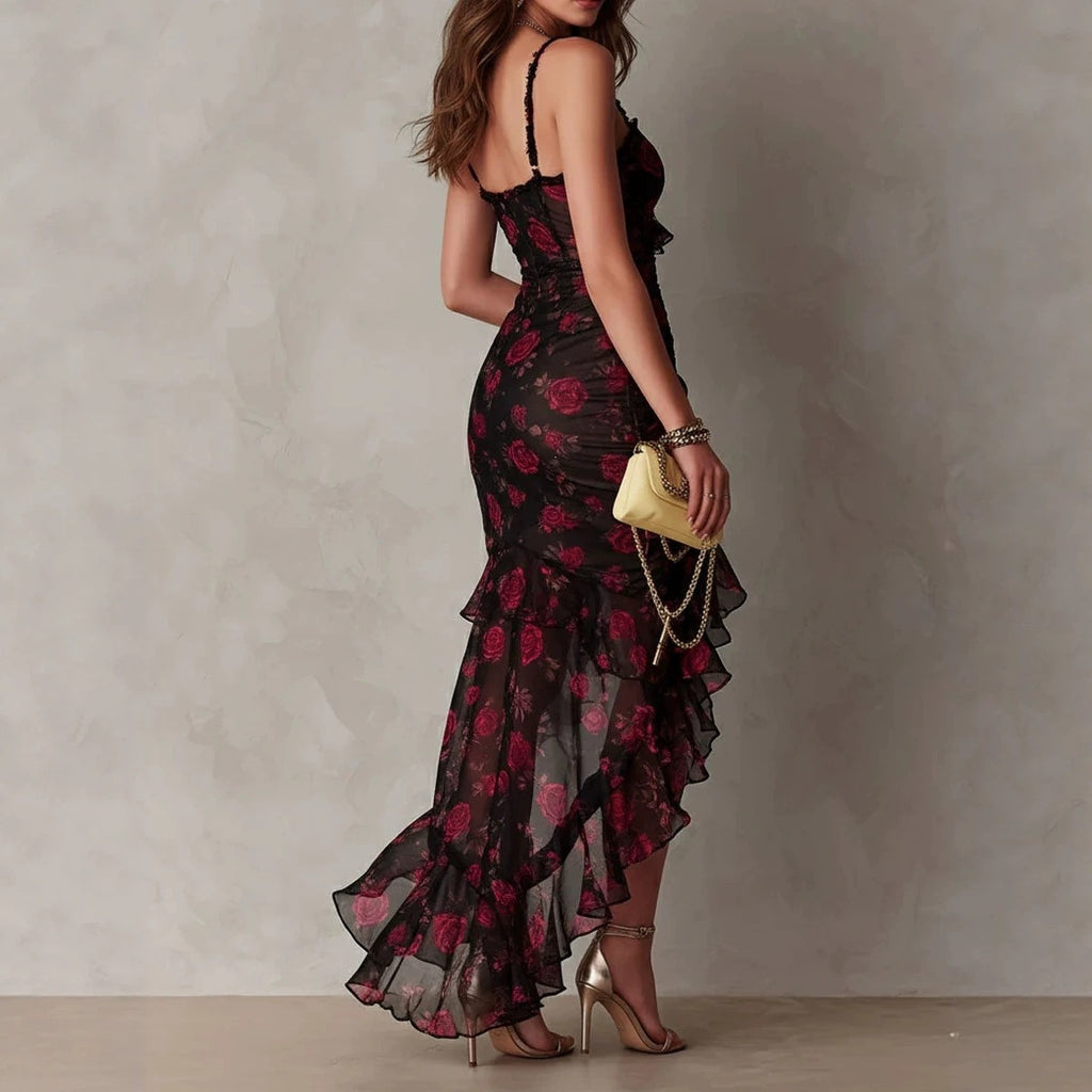 Robe Trapèze Asymétrique Imprimé Floral à Volants et Bretelles