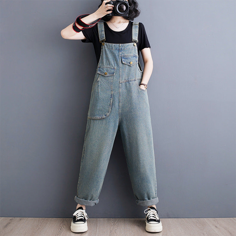 Salopette Jeans Vintage Printemps-Été Femme Ample Jambes Larges Combinaison Rétro en Jean Longue Femme avec Poches Avant